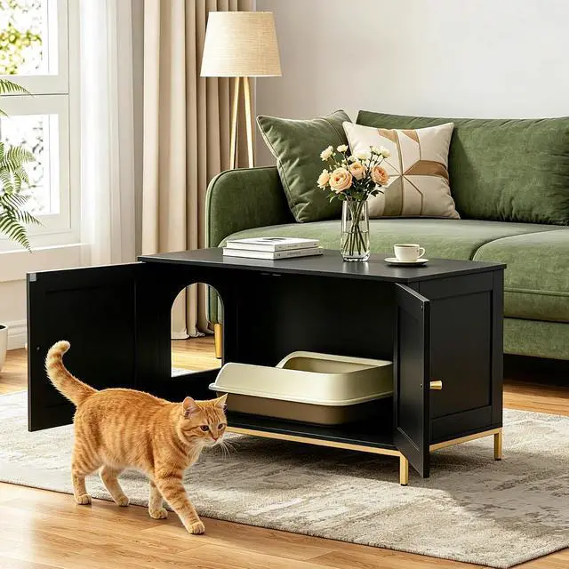 Alt view image 2 of 7 - Homhedy 35.4" L Cat Litter Box Enclosure with Metal Frame, Black and Gold | Hidden Litter Box Furniture, Indoor Cat House, Pet Storage Cabinet, Fit Most of Litter Box, End Table, Morden Style