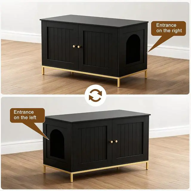 Alt view image 4 of 7 - Homhedy 35.4" L Cat Litter Box Enclosure with Metal Frame, Black and Gold | Hidden Litter Box Furniture, Indoor Cat House, Pet Storage Cabinet, Fit Most of Litter Box, End Table, Morden Style