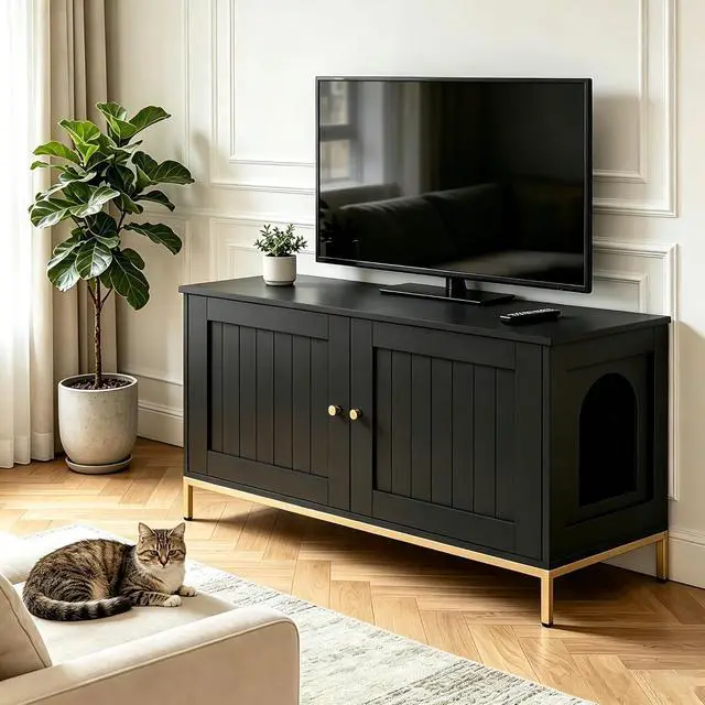 Alt view image 5 of 7 - Homhedy 35.4" L Cat Litter Box Enclosure with Metal Frame, Black and Gold | Hidden Litter Box Furniture, Indoor Cat House, Pet Storage Cabinet, Fit Most of Litter Box, End Table, Morden Style