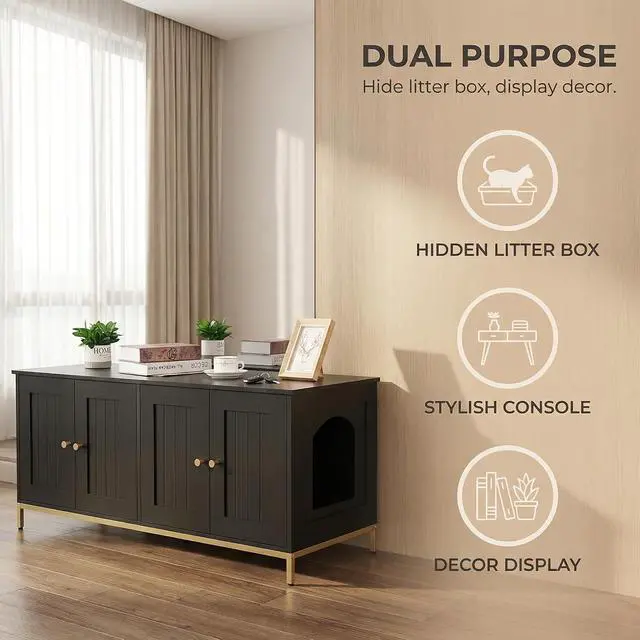 Alt view image 3 of 7 - Homhedy 47.2" L Cat Litter Box Enclosure for 2 Cats, Black and Gold | Hidden Litter Box Furniture with Double Room, Cat Washroom, Cat House, Dog-Proof, TV Stand,Metal Frame, Modern