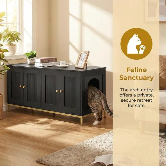 Alt view image 2 of 7 - Homhedy 47.2" L Cat Litter Box Enclosure for 2 Cats, Black and Gold | Hidden Litter Box Furniture with Double Room, Cat Washroom, Cat House, Dog-Proof, TV Stand,Metal Frame, Modern