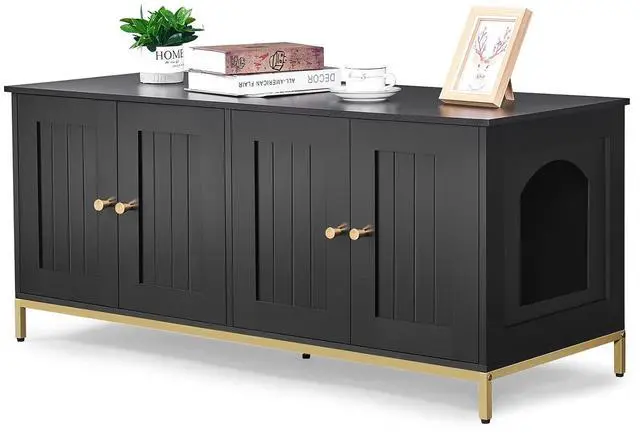 Main image of Homhedy 47.2" L Cat Litter Box Enclosure for 2 Cats, Black and Gold | Hidden Litter Box Furniture with Double Room, Cat Washroom, Cat House, Dog-Proof, TV Stand,Metal Frame, Modern
