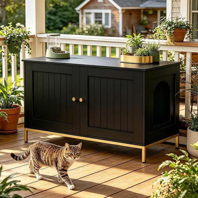 Alt view image 6 of 7 - Homhedy 35.4" L Cat Litter Box Enclosure with Metal Frame, Black and Gold | Hidden Litter Box Furniture, Indoor Cat House, Pet Storage Cabinet, Fit Most of Litter Box, End Table, Morden Style