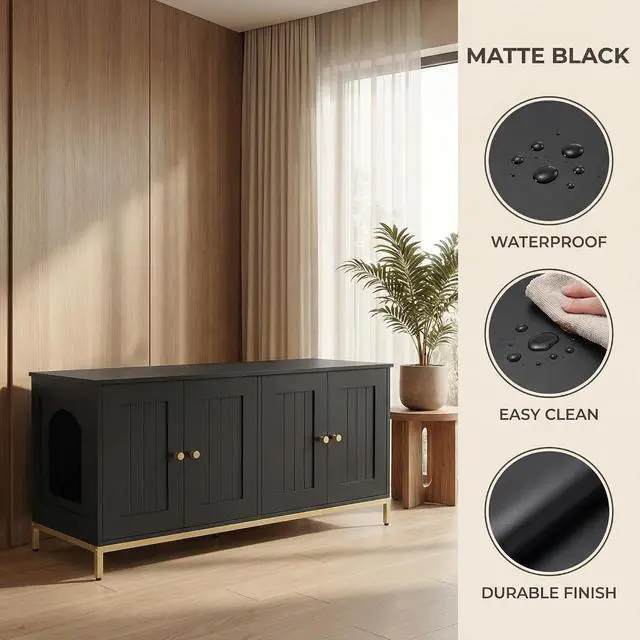 Alt view image 4 of 7 - Homhedy 47.2" L Cat Litter Box Enclosure for 2 Cats, Black and Gold | Hidden Litter Box Furniture with Double Room, Cat Washroom, Cat House, Dog-Proof, TV Stand,Metal Frame, Modern