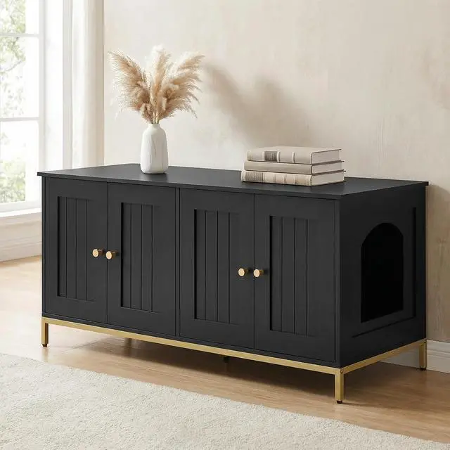 Alt view image 5 of 7 - Homhedy 47.2" L Cat Litter Box Enclosure for 2 Cats, Black and Gold | Hidden Litter Box Furniture with Double Room, Cat Washroom, Cat House, Dog-Proof, TV Stand,Metal Frame, Modern