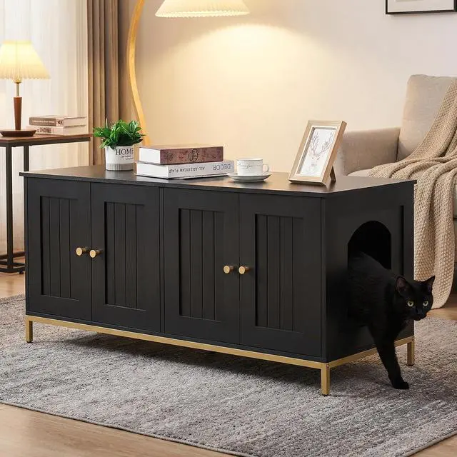 Alt view image 6 of 7 - Homhedy 47.2" L Cat Litter Box Enclosure for 2 Cats, Black and Gold | Hidden Litter Box Furniture with Double Room, Cat Washroom, Cat House, Dog-Proof, TV Stand,Metal Frame, Modern