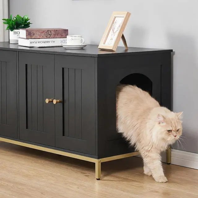 Alt view image 7 of 7 - Homhedy 47.2" L Cat Litter Box Enclosure for 2 Cats, Black and Gold | Hidden Litter Box Furniture with Double Room, Cat Washroom, Cat House, Dog-Proof, TV Stand,Metal Frame, Modern