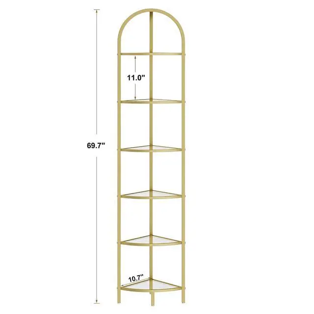 Alt view image 2 of 7 - Homhedy 6-Tier Gold Corner Shelf Stand, Metal Corner Bookshelf | Display Shelf, Tempered Glass Shelves, Plant Stand, Storage Rack Shelf for Bedroom, Living Room, Home, Office, Gold