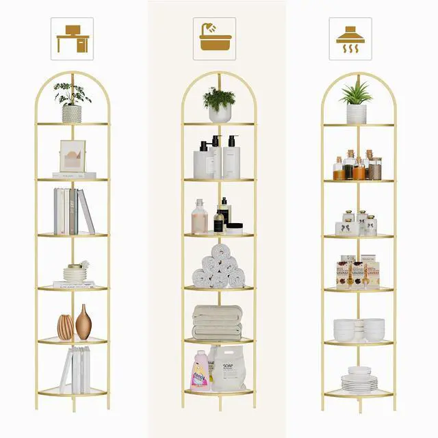 Alt view image 3 of 7 - Homhedy 6-Tier Gold Corner Shelf Stand, Metal Corner Bookshelf | Display Shelf, Tempered Glass Shelves, Plant Stand, Storage Rack Shelf for Bedroom, Living Room, Home, Office, Gold