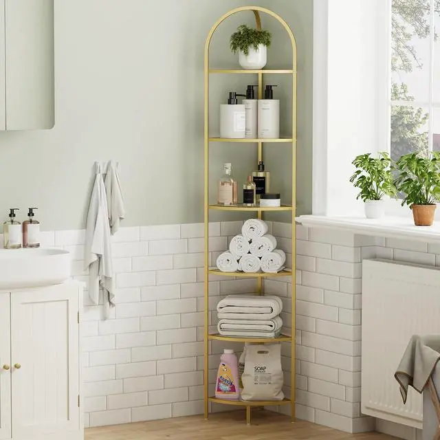 Alt view image 4 of 7 - Homhedy 6-Tier Gold Corner Shelf Stand, Metal Corner Bookshelf | Display Shelf, Tempered Glass Shelves, Plant Stand, Storage Rack Shelf for Bedroom, Living Room, Home, Office, Gold