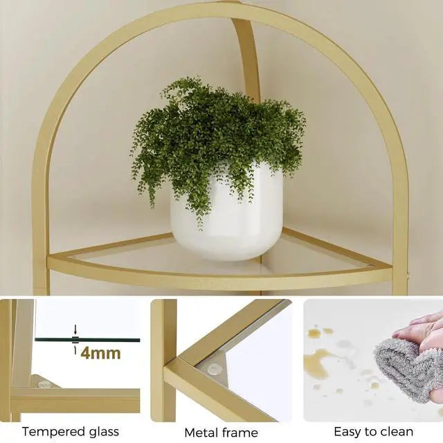 Alt view image 6 of 7 - Homhedy 6-Tier Gold Corner Shelf Stand, Metal Corner Bookshelf | Display Shelf, Tempered Glass Shelves, Plant Stand, Storage Rack Shelf for Bedroom, Living Room, Home, Office, Gold