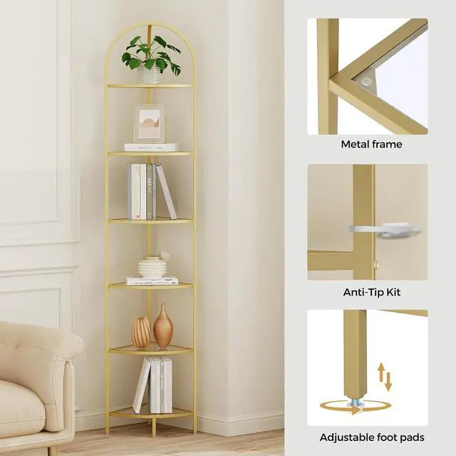 Alt view image 5 of 7 - Homhedy 6-Tier Gold Corner Shelf Stand, Metal Corner Bookshelf | Display Shelf, Tempered Glass Shelves, Plant Stand, Storage Rack Shelf for Bedroom, Living Room, Home, Office, Gold