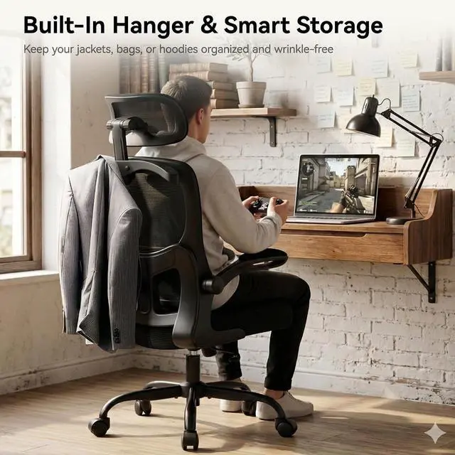 Alt view image 5 of 7 - AreShark Office Chair-Ergonomic Desk Chair with Hidden Hanger & Flip-Up Arms, High Back Mesh Computer Chair with 2D Headrest & Adjustable Lumbar, Comfy Rolling Task Chair for Home Work Gaming, Black
