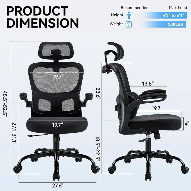 Alt view image 2 of 7 - AreShark Office Chair-Ergonomic Desk Chair with Hidden Hanger & Flip-Up Arms, High Back Mesh Computer Chair with 2D Headrest & Adjustable Lumbar, Comfy Rolling Task Chair for Home Work Gaming, Black
