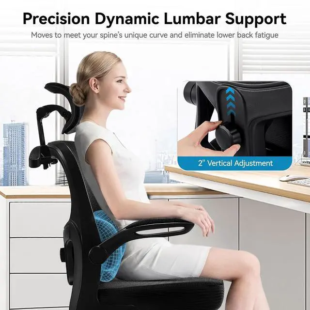 Alt view image 3 of 7 - AreShark Office Chair-Ergonomic Desk Chair with Hidden Hanger & Flip-Up Arms, High Back Mesh Computer Chair with 2D Headrest & Adjustable Lumbar, Comfy Rolling Task Chair for Home Work Gaming, Black
