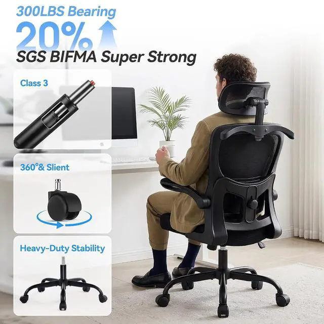 Alt view image 7 of 7 - AreShark Office Chair-Ergonomic Desk Chair with Hidden Hanger & Flip-Up Arms, High Back Mesh Computer Chair with 2D Headrest & Adjustable Lumbar, Comfy Rolling Task Chair for Home Work Gaming, Black