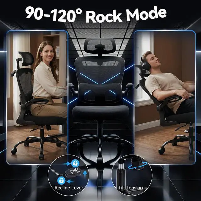 Alt view image 6 of 7 - AreShark Office Chair-Ergonomic Desk Chair with Hidden Hanger & Flip-Up Arms, High Back Mesh Computer Chair with 2D Headrest & Adjustable Lumbar, Comfy Rolling Task Chair for Home Work Gaming, Black