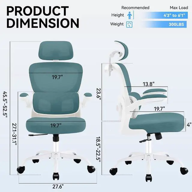 Alt view image 2 of 7 - AreShark Office Chair Ergonomic Desk Chairs with Adjustable Lumbar Support& Headrest Hanger, High Back Breathable Mesh Chair with Wheels, Rolling Swivel Comfy Task Computer Chair for Home Work Gaming