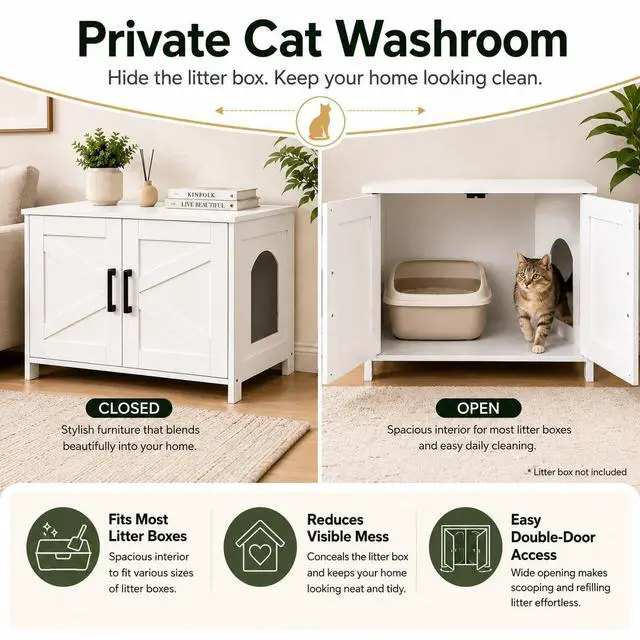 Alt view image 3 of 7 - Homhedy 31.5" L Cat Litter Box Enclosure with Barn Door, White | Wooden Cat Washroom Furniture, Cat House, Pet Storage Cabinet, Dog-Proof, Fit Most of Litter Box, Farmhouse Style