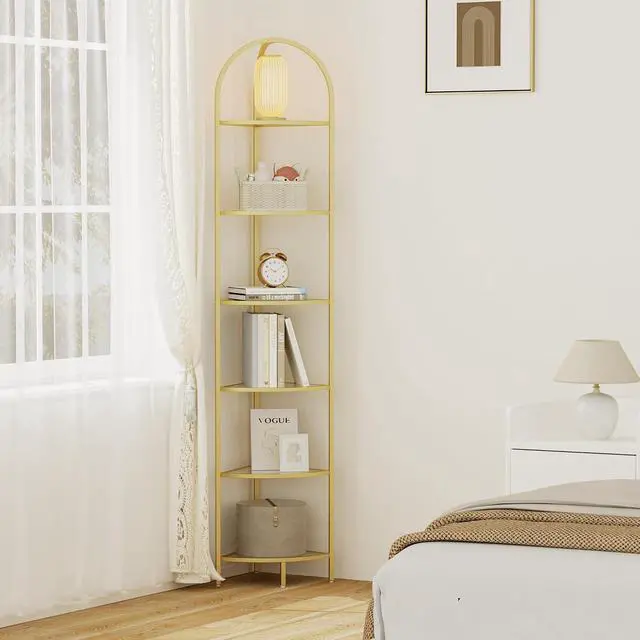 Alt view image 7 of 7 - Homhedy 6-Tier Gold Corner Shelf Stand, Metal Corner Bookshelf | Display Shelf, Tempered Glass Shelves, Plant Stand, Storage Rack Shelf for Bedroom, Living Room, Home, Office, Gold