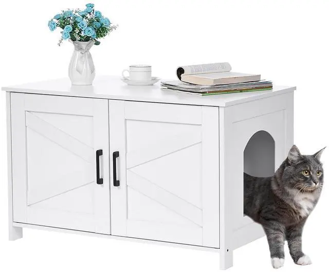 Main image of Homhedy 31.5" L Cat Litter Box Enclosure with Barn Door, White | Wooden Cat Washroom Furniture, Cat House, Pet Storage Cabinet, Dog-Proof, Fit Most of Litter Box, Farmhouse Style