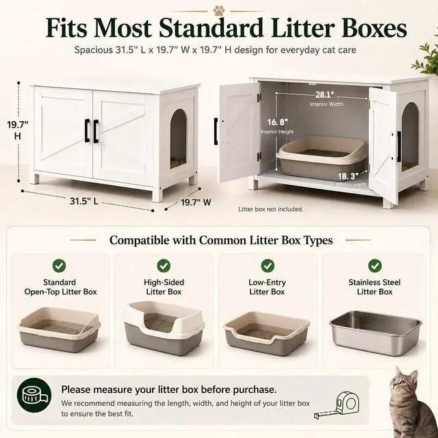 Alt view image 5 of 7 - Homhedy 31.5" L Cat Litter Box Enclosure with Barn Door, White | Wooden Cat Washroom Furniture, Cat House, Pet Storage Cabinet, Dog-Proof, Fit Most of Litter Box, Farmhouse Style