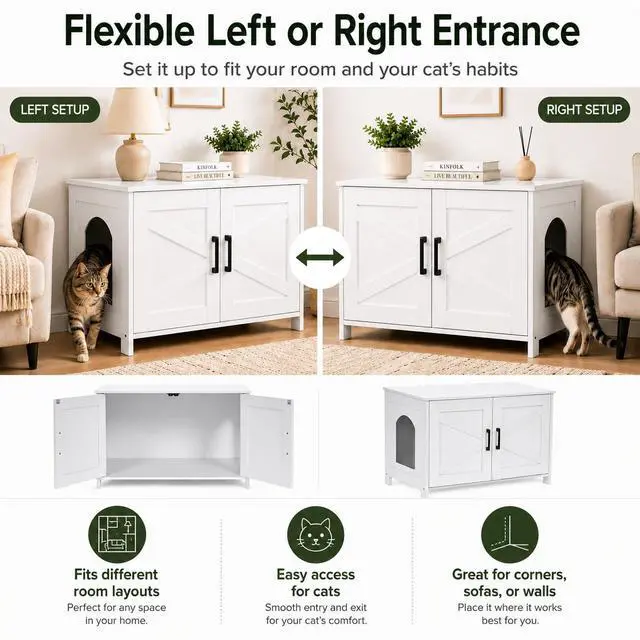 Alt view image 6 of 7 - Homhedy 31.5" L Cat Litter Box Enclosure with Barn Door, White | Wooden Cat Washroom Furniture, Cat House, Pet Storage Cabinet, Dog-Proof, Fit Most of Litter Box, Farmhouse Style
