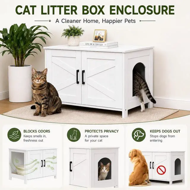 Alt view image 2 of 7 - Homhedy 31.5" L Cat Litter Box Enclosure with Barn Door, White | Wooden Cat Washroom Furniture, Cat House, Pet Storage Cabinet, Dog-Proof, Fit Most of Litter Box, Farmhouse Style