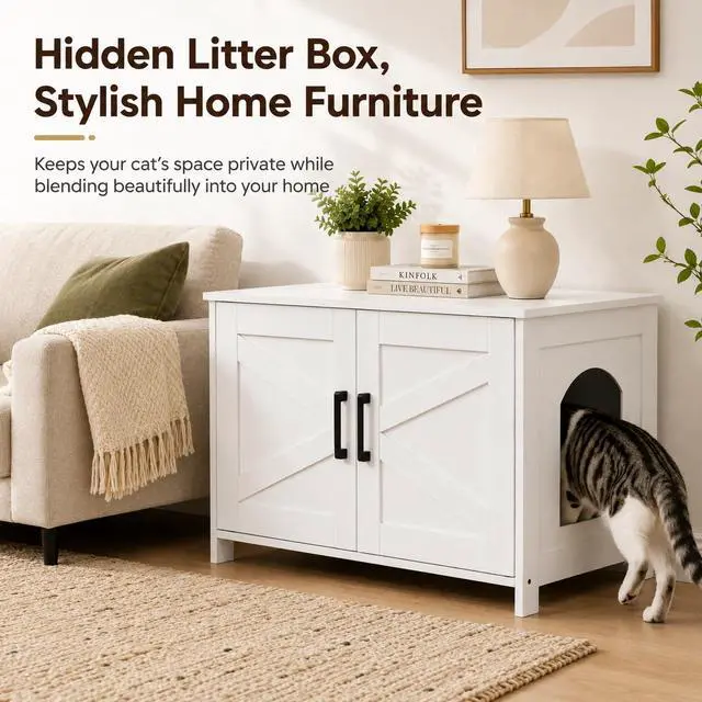 Alt view image 4 of 7 - Homhedy 31.5" L Cat Litter Box Enclosure with Barn Door, White | Wooden Cat Washroom Furniture, Cat House, Pet Storage Cabinet, Dog-Proof, Fit Most of Litter Box, Farmhouse Style