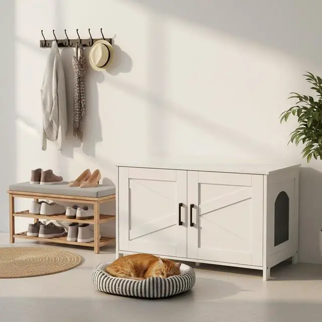 Alt view image 7 of 7 - Homhedy 31.5" L Cat Litter Box Enclosure with Barn Door, White | Wooden Cat Washroom Furniture, Cat House, Pet Storage Cabinet, Dog-Proof, Fit Most of Litter Box, Farmhouse Style