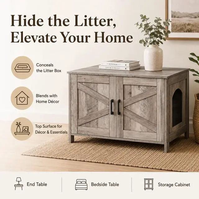 Alt view image 2 of 7 - Homhedy 31.5" L Cat Litter Box Enclosure with Barn Door, Greige | Wooden Cat Washroom Furniture, Cat House, Pet Storage Cabinet, Dog-Proof, Fit Most of Litter Box, Farmhouse Style