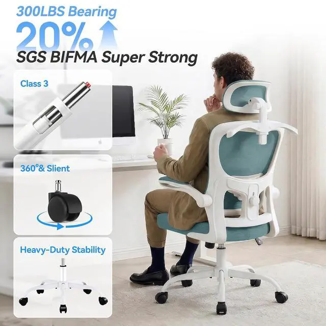Alt view image 5 of 7 - AreShark Office Chair Ergonomic Desk Chairs with Adjustable Lumbar Support& Headrest Hanger, High Back Breathable Mesh Chair with Wheels, Rolling Swivel Comfy Task Computer Chair for Home Work Gaming