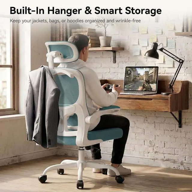 Alt view image 6 of 7 - AreShark Office Chair Ergonomic Desk Chairs with Adjustable Lumbar Support& Headrest Hanger, High Back Breathable Mesh Chair with Wheels, Rolling Swivel Comfy Task Computer Chair for Home Work Gaming