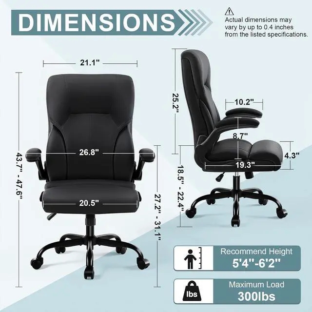 Alt view image 3 of 7 - Executive Office Chair,High Back Ergonomic Comfy Desk Chair with Padded Flip-up Armrests and Wheels,PU Leather Heavy Duty Computer Swivel Rolling Task Chair for Home Office,Adults,Black