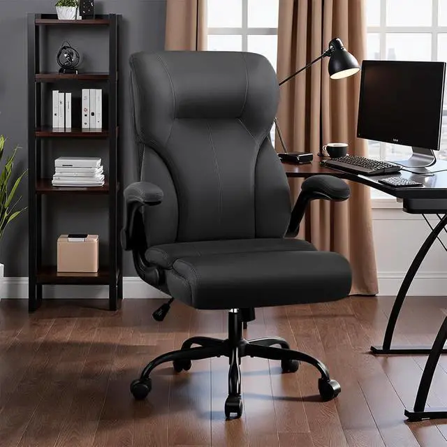 Alt view image 2 of 7 - Executive Office Chair,High Back Ergonomic Comfy Desk Chair with Padded Flip-up Armrests and Wheels,PU Leather Heavy Duty Computer Swivel Rolling Task Chair for Home Office,Adults,Black