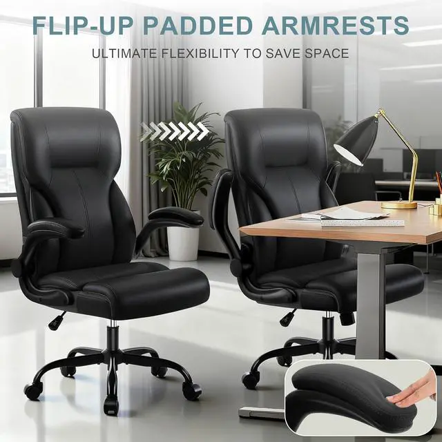 Alt view image 5 of 7 - Executive Office Chair,High Back Ergonomic Comfy Desk Chair with Padded Flip-up Armrests and Wheels,PU Leather Heavy Duty Computer Swivel Rolling Task Chair for Home Office,Adults,Black
