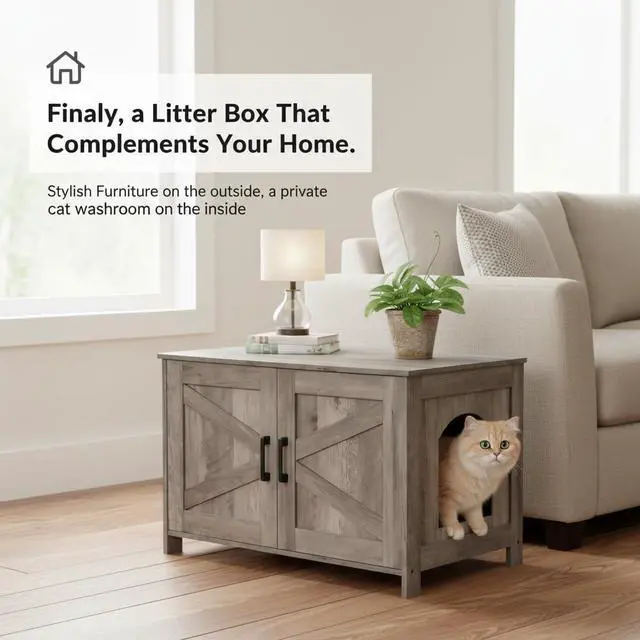 Alt view image 4 of 7 - Homhedy 31.5" L Cat Litter Box Enclosure with Barn Door, Greige | Wooden Cat Washroom Furniture, Cat House, Pet Storage Cabinet, Dog-Proof, Fit Most of Litter Box, Farmhouse Style