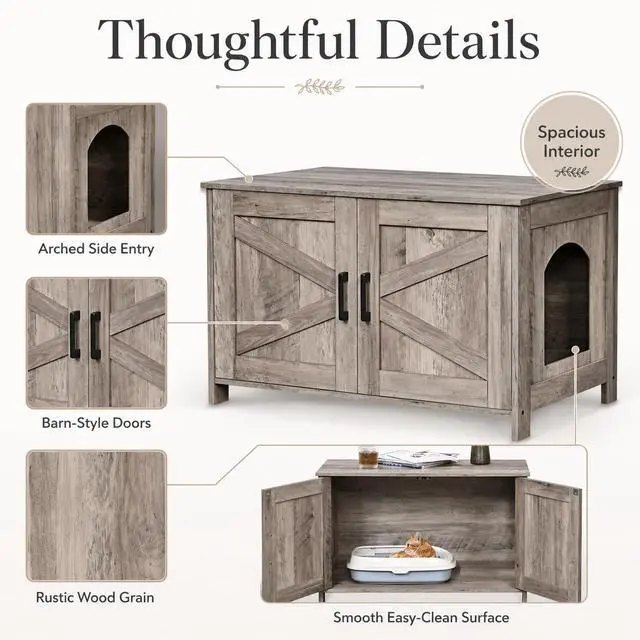 Alt view image 5 of 7 - Homhedy 31.5" L Cat Litter Box Enclosure with Barn Door, Greige | Wooden Cat Washroom Furniture, Cat House, Pet Storage Cabinet, Dog-Proof, Fit Most of Litter Box, Farmhouse Style