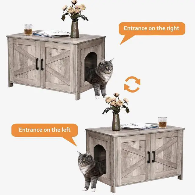 Alt view image 6 of 7 - Homhedy 31.5" L Cat Litter Box Enclosure with Barn Door, Greige | Wooden Cat Washroom Furniture, Cat House, Pet Storage Cabinet, Dog-Proof, Fit Most of Litter Box, Farmhouse Style