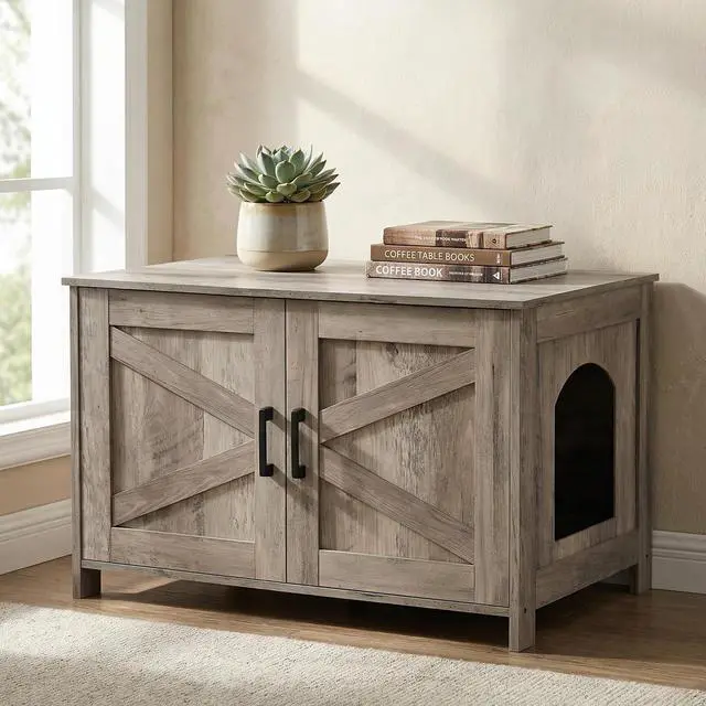 Alt view image 7 of 7 - Homhedy 31.5" L Cat Litter Box Enclosure with Barn Door, Greige | Wooden Cat Washroom Furniture, Cat House, Pet Storage Cabinet, Dog-Proof, Fit Most of Litter Box, Farmhouse Style