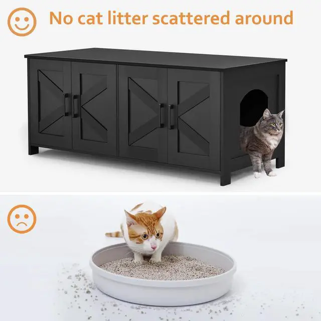 Alt view image 3 of 7 - Homhedy 47.2L Cat Litter Box Enclosure for 2 Cats, Black | Wooden Litter Box Furniture Hidden with Double Room, Cat Washroom, Cat House, Dog-Proof, TV Stand,Farmhouse Style
