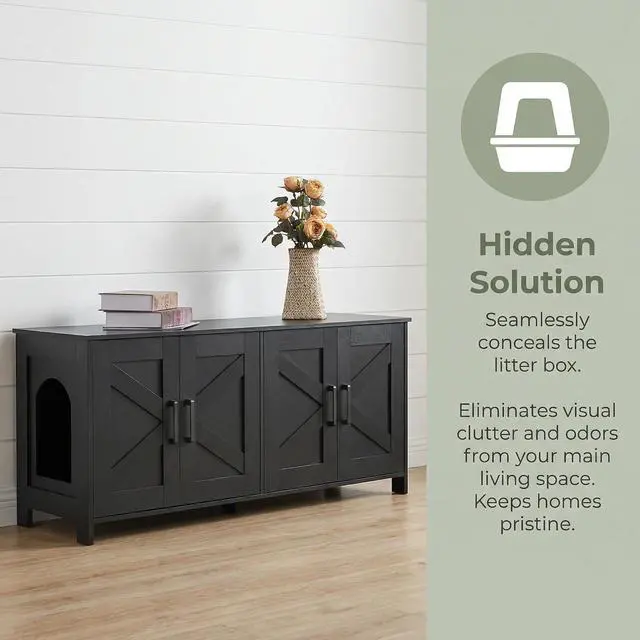 Alt view image 2 of 7 - Homhedy 47.2L Cat Litter Box Enclosure for 2 Cats, Black | Wooden Litter Box Furniture Hidden with Double Room, Cat Washroom, Cat House, Dog-Proof, TV Stand,Farmhouse Style
