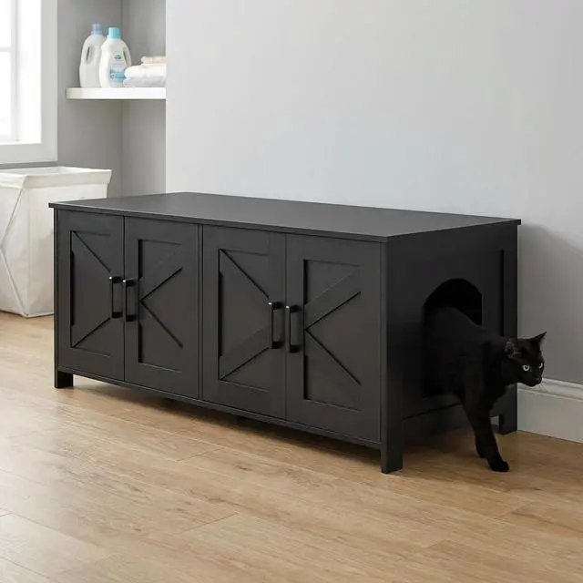 Alt view image 5 of 7 - Homhedy 47.2L Cat Litter Box Enclosure for 2 Cats, Black | Wooden Litter Box Furniture Hidden with Double Room, Cat Washroom, Cat House, Dog-Proof, TV Stand,Farmhouse Style
