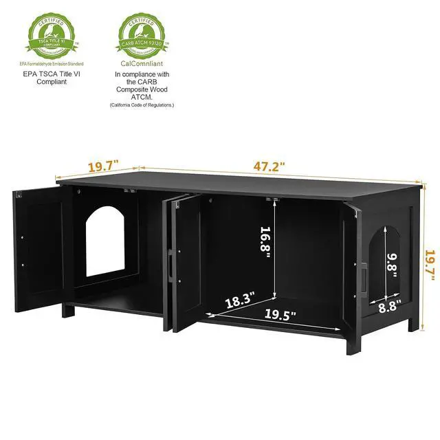 Alt view image 4 of 7 - Homhedy 47.2L Cat Litter Box Enclosure for 2 Cats, Black | Wooden Litter Box Furniture Hidden with Double Room, Cat Washroom, Cat House, Dog-Proof, TV Stand,Farmhouse Style