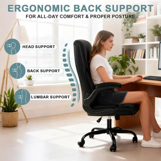 Alt view image 6 of 7 - Executive Office Chair,High Back Ergonomic Comfy Desk Chair with Padded Flip-up Armrests and Wheels,PU Leather Heavy Duty Computer Swivel Rolling Task Chair for Home Office,Adults,Black