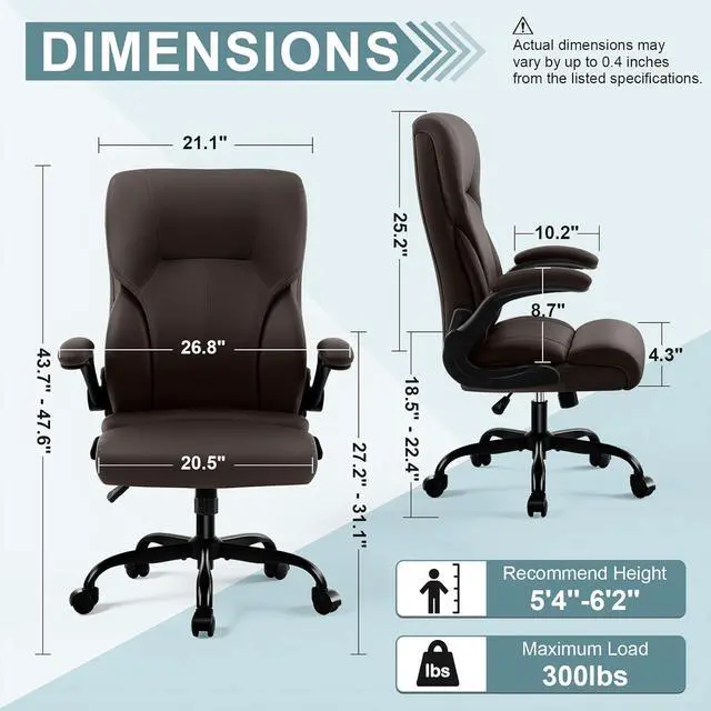Alt view image 3 of 7 - Executive Office Chair,High Back Ergonomic Comfy Desk Chair with Padded Flip-up Armrests,PU Leather Heavy Duty Computer Swivel Rolling Task Chair for Home Office,Adults,Dark Brown