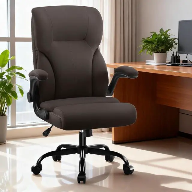 Alt view image 2 of 7 - Executive Office Chair,High Back Ergonomic Comfy Desk Chair with Padded Flip-up Armrests,PU Leather Heavy Duty Computer Swivel Rolling Task Chair for Home Office,Adults,Dark Brown