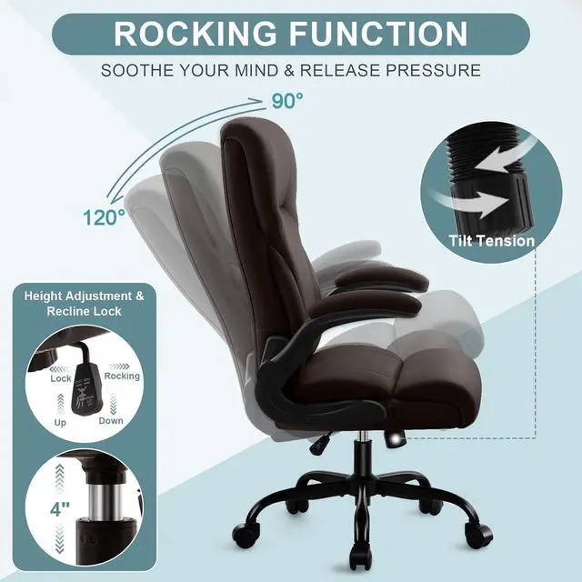 Alt view image 4 of 7 - Executive Office Chair,High Back Ergonomic Comfy Desk Chair with Padded Flip-up Armrests,PU Leather Heavy Duty Computer Swivel Rolling Task Chair for Home Office,Adults,Dark Brown