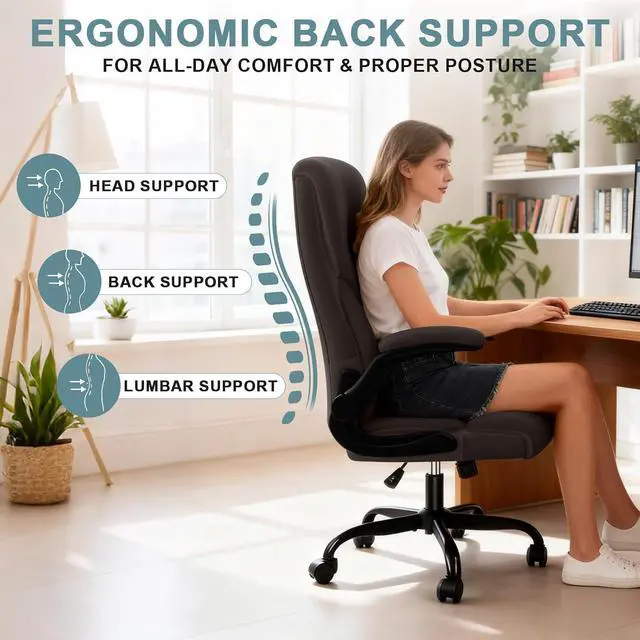Alt view image 6 of 7 - Executive Office Chair,High Back Ergonomic Comfy Desk Chair with Padded Flip-up Armrests,PU Leather Heavy Duty Computer Swivel Rolling Task Chair for Home Office,Adults,Dark Brown
