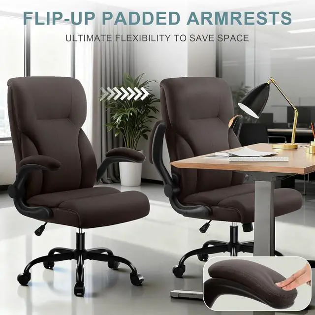 Alt view image 5 of 7 - Executive Office Chair,High Back Ergonomic Comfy Desk Chair with Padded Flip-up Armrests,PU Leather Heavy Duty Computer Swivel Rolling Task Chair for Home Office,Adults,Dark Brown